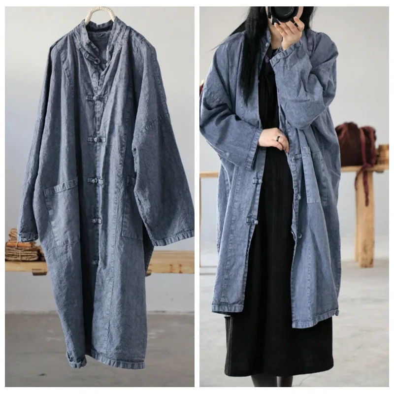 Фото Женское длинное льняное пальто в стиле ретро винтажное толстое тренчкот на осень