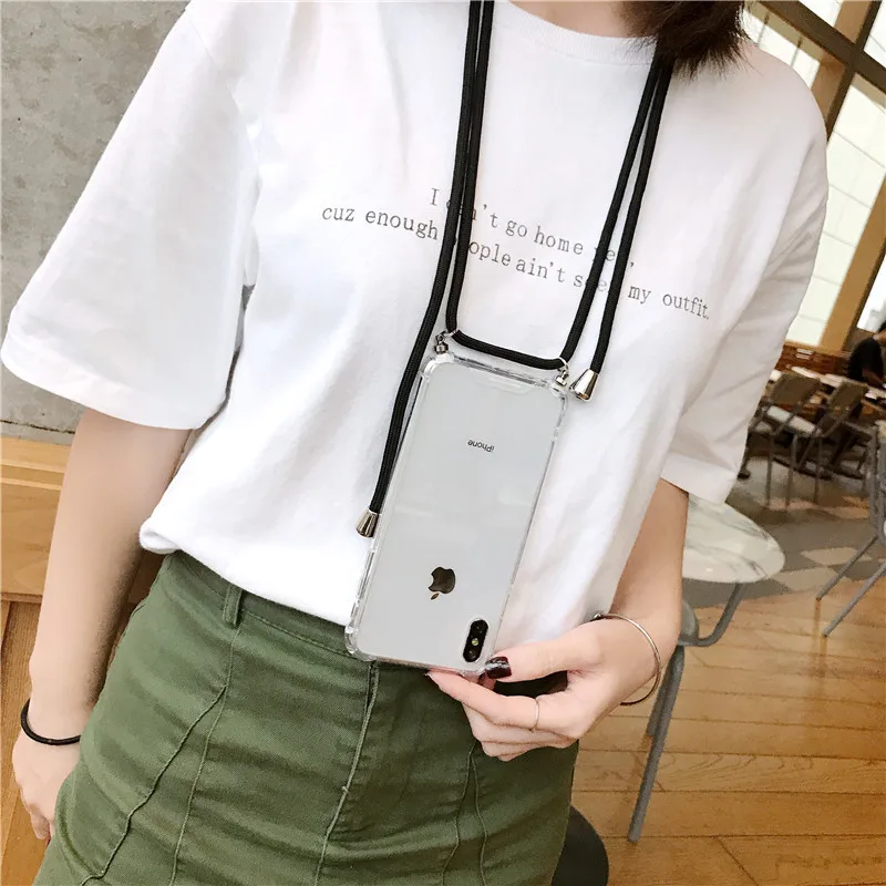 Прозрачный мягкий ТПУ чехол для телефона iPhone 11 pro XS Max с ремешком на плечо троса X XR