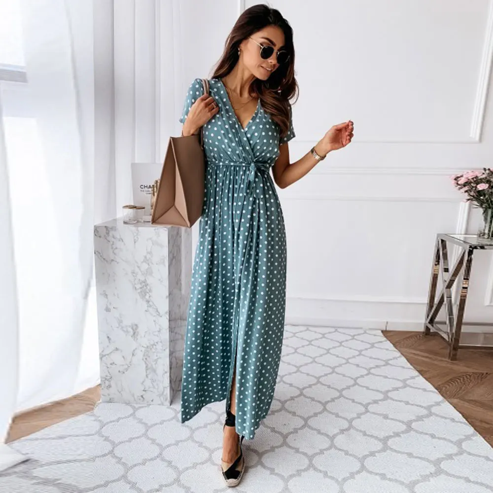 Женское длинное платье в горошек летнее Повседневное стиле бохо с v образным