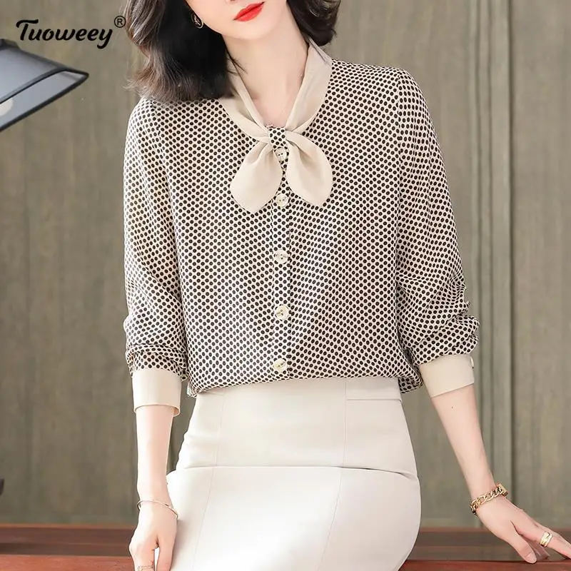 

Women Spring Autumn bow Collar Bowknot Small Fresh Shirt Female Polka Dot Printed Long Sleeve Button Stitching Chiffon Blouse