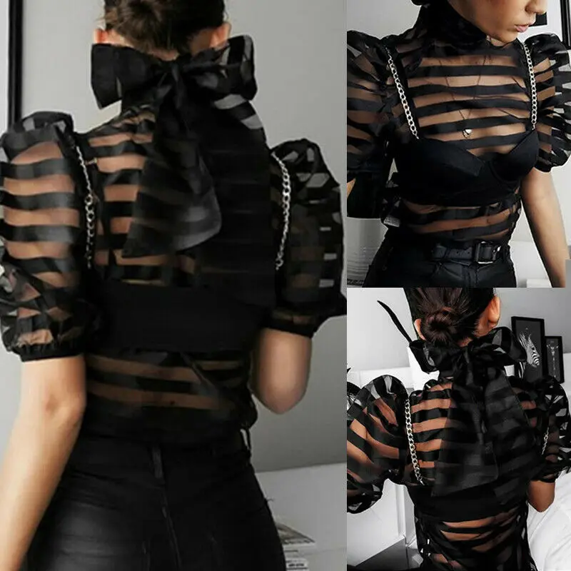 Женская полосатая блузка с рукавами-фонариками 2019 бантом | одежда