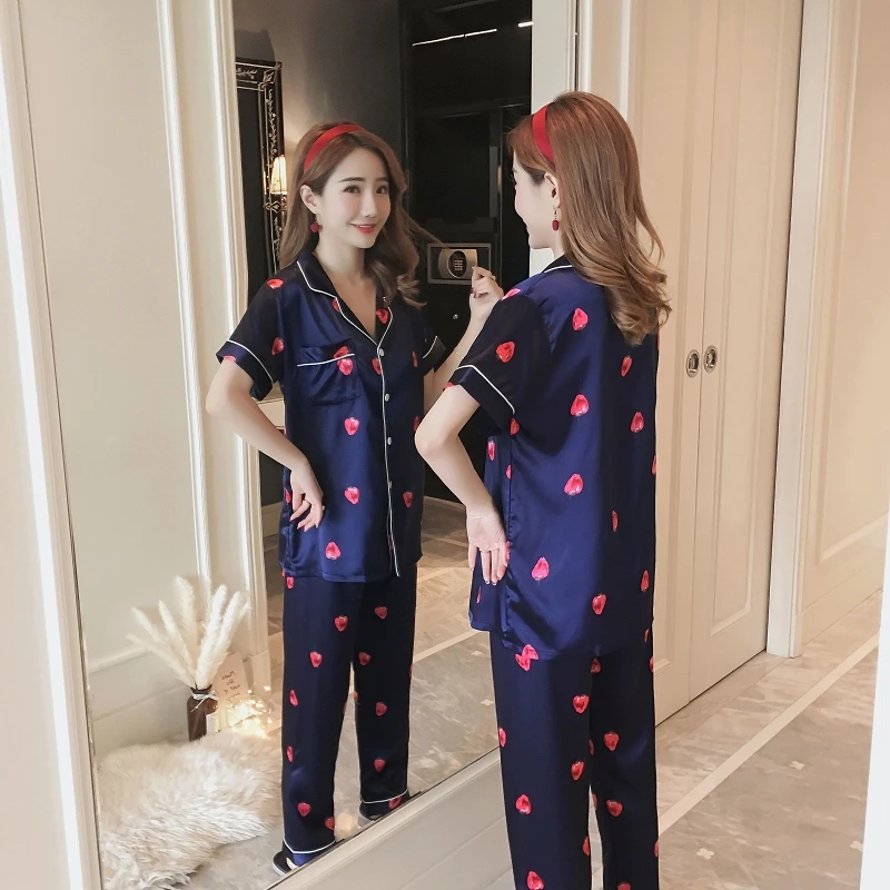 

SLPBELY New Pink Faux Silk Pajamas Nightwear Women Set Soft and Comfortable Strawberry Leisure Long Sleeve Sleepwear