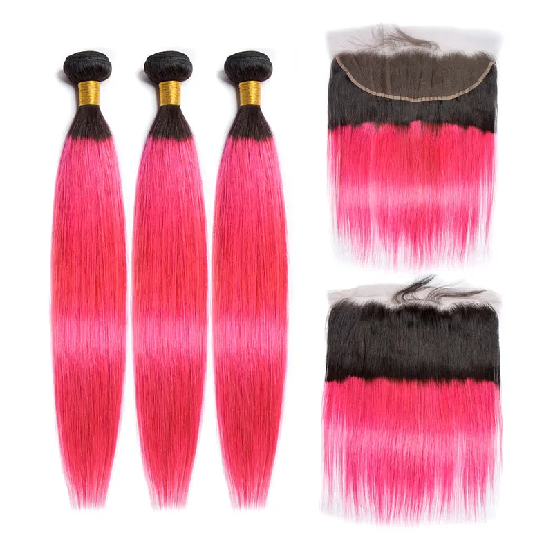 ALIBELE прямые волосы Омбре пучки с фронтальной цветной 1B розовый перуанский Remy
