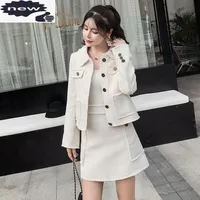 Spring New Women Tweed Jacket 2pcs Sets Wrap Mini Skirt Office Ladies Slim Fit Outfits Suits Beige Twill Coats Two Piece Suit