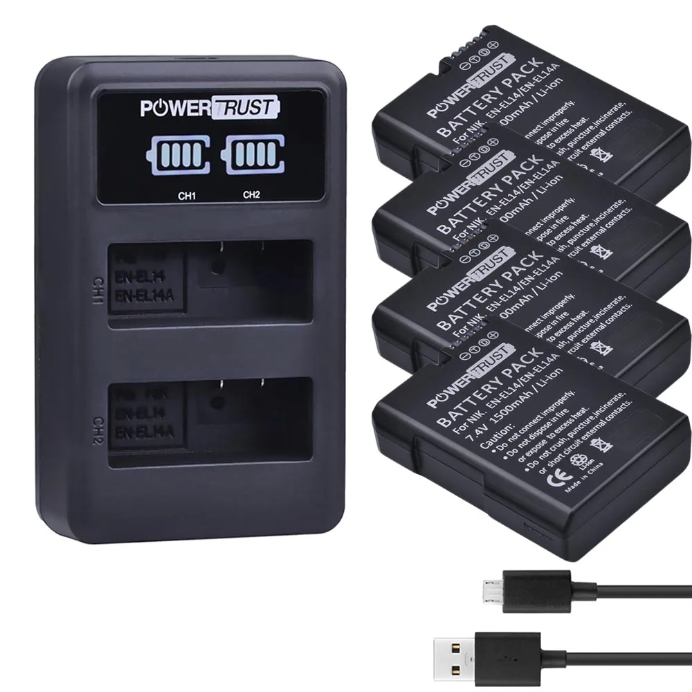 PowerTrust 1x1500 мА/ч, EN-EL14 EN-EL14a RU EL14 Батарея+ светодиодный Dual USB Зарядное устройство для Nikon D300 D5300 D5200 D5100 D3300 D3200 D3100 - Цвет: 4Battery and Charger