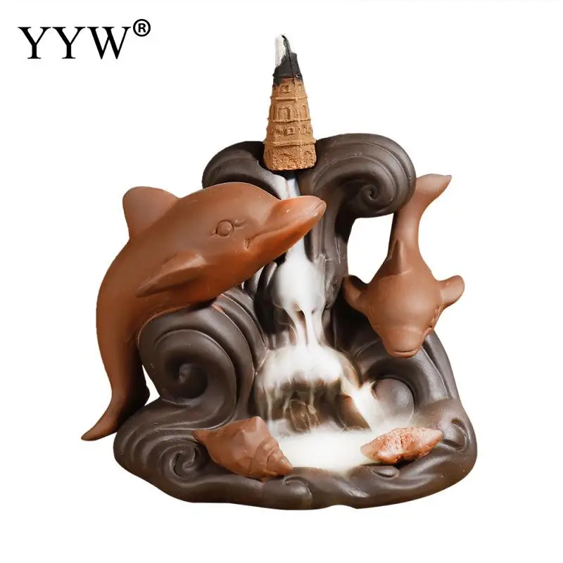 Керамическая курильница в виде дельфина из фиолетовой глины креативная конусная