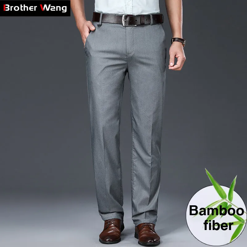 

Spring Summer New Men Bamboo Fiber Thin Casual Pants Business Straight Permanent-Press Fabric Stretch Trousers Male Brand