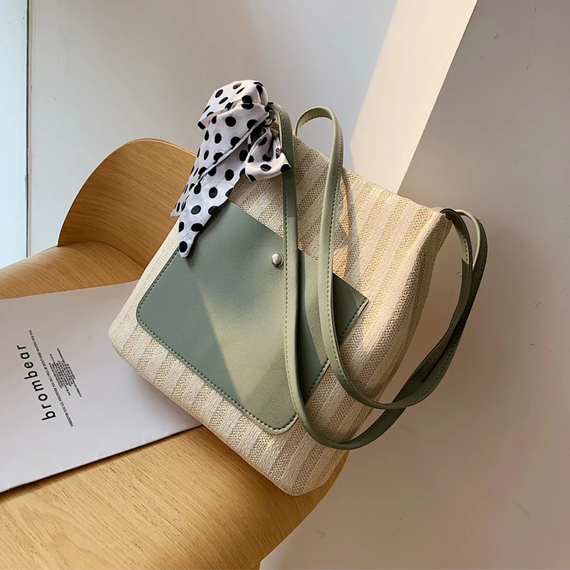 Magic Fish Bags For Women 2020 New Magnetic Buckle Bucket Type Straw Bag Striped Shoulder Large Capacity Fashion | Багаж и сумки