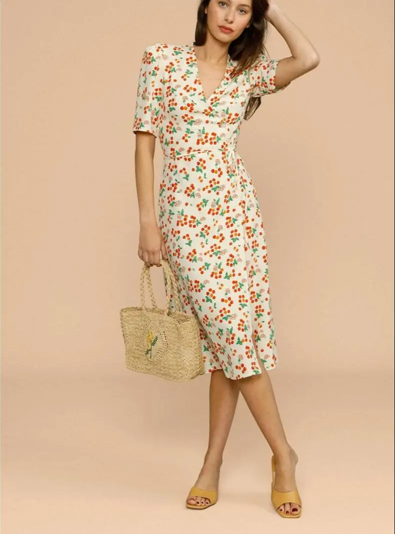 

2021 Summer Women Midi Dress Retro Long Split Dress V-Neck Wrap Robes Cherry Print Puff Sleeve Waist Slim Lace Dress for Holiday