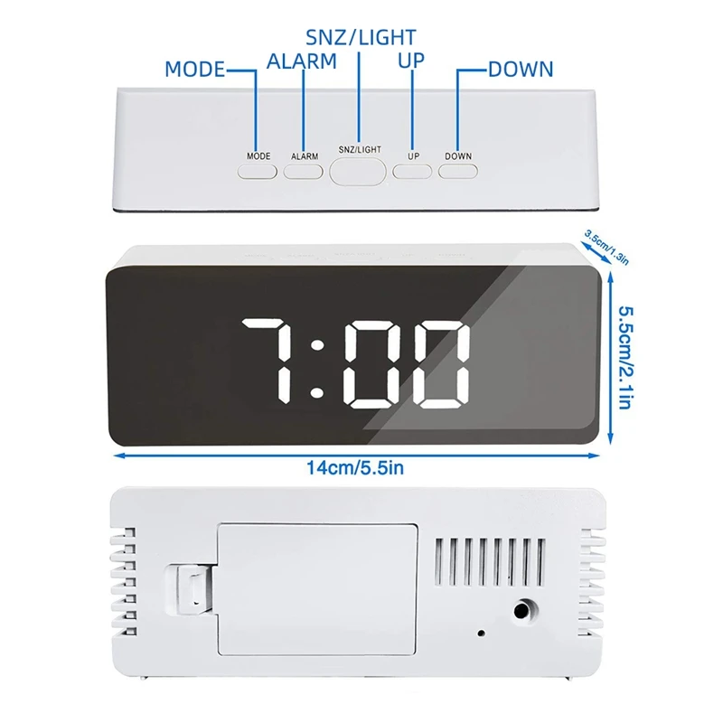 Digital Mirror LED Display Alarm Clock Temperature Calendar USB/AAA Powered Electronic Multifunction Snooze Desk | Дом и сад