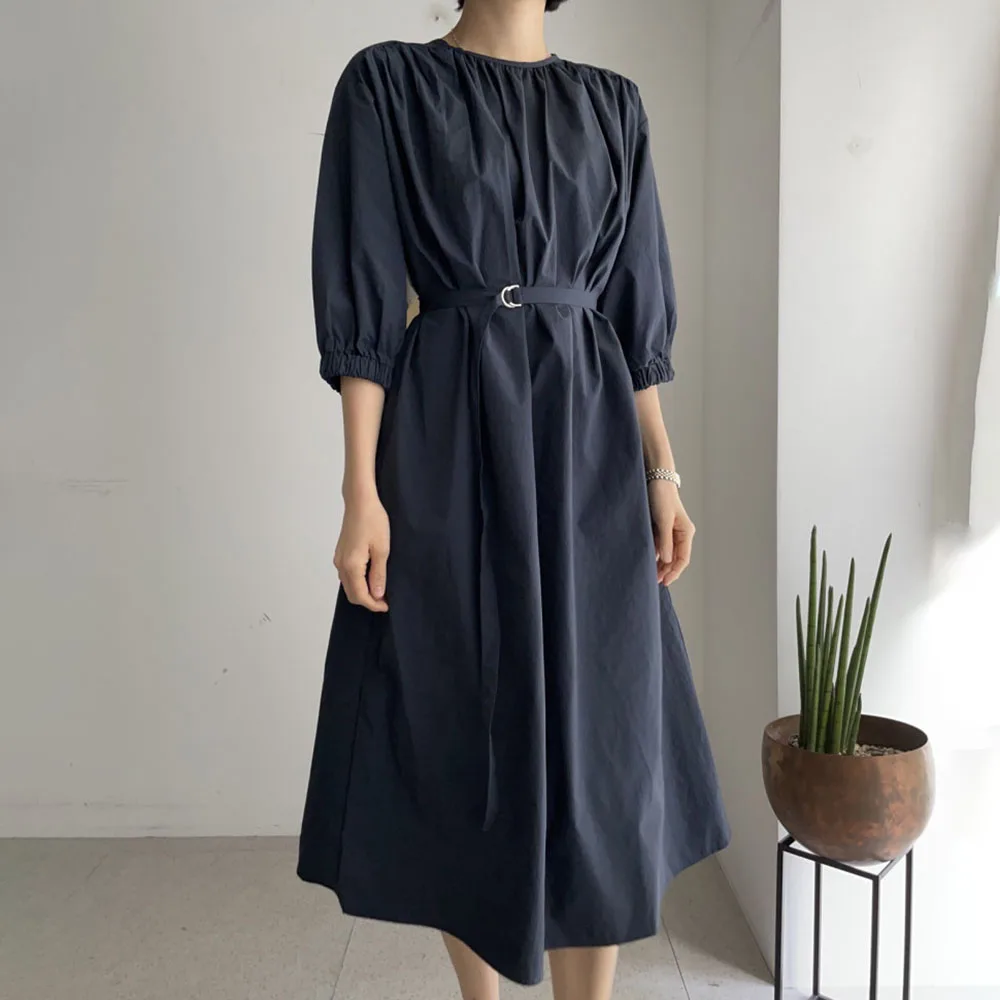 

Japanese Style Korean Fashion 2021 Summer Women's Dress Temperament Casual Elegant Color Contrast Splicing Round Neck