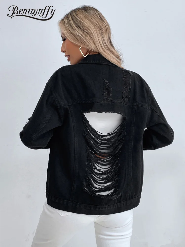 

Benuynffy отложной воротник черные рваные джинсы куртки для женщин Повседневная Уличная одежда однобортная джинсовая куртка с дырками модная в...