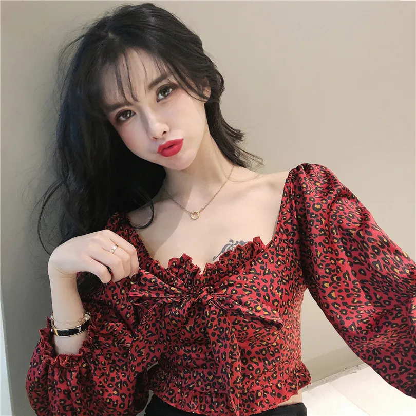 

Vintage Style Off Shoulder Leopard Tops Slash Neck Spring Women's Clothing Crop Top Blouses Bow Slim Shirts Chic Fashion Brand