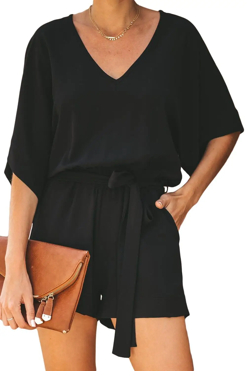 

Summer Scene Pocketed Tie Romper Solid Color Casual V Neck Half Sleeve Short Jumpsuit for Women Plus Size with Belt