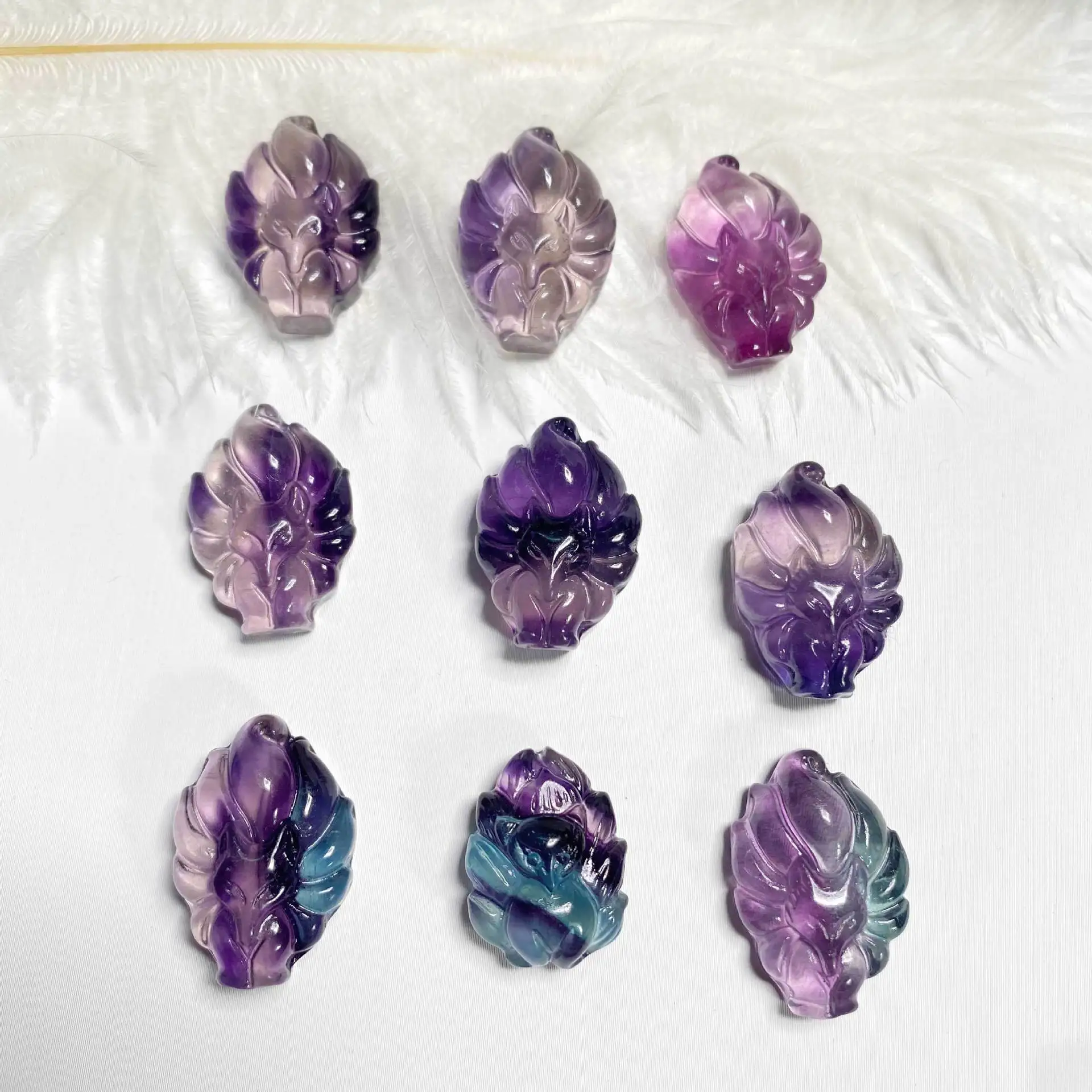 

Beautiful Natural Colorful Fluorite Crystal Hand Carved Nine-Tailed Fox Crystal Healing Lucky Amulet Animal Carving Gift
