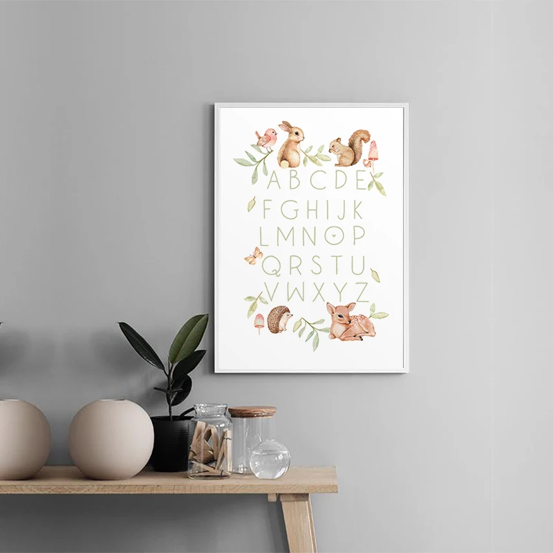 Абв алфавитом учебный плакат леса Животные принт Детская Wall Art Холст Картины Nordic