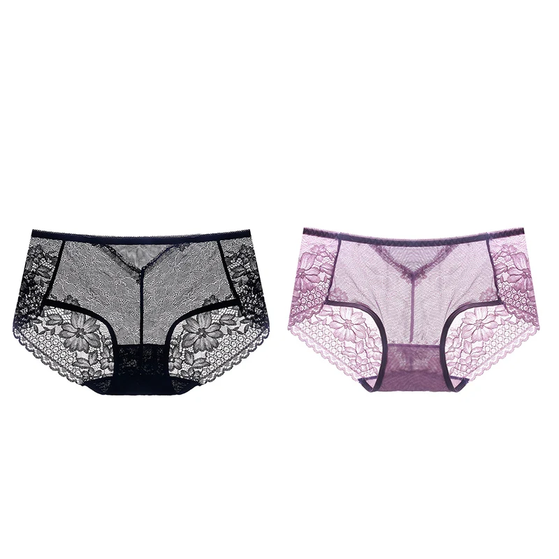 black purple Meizimei, сексуальные цветочные женские штаны, кружевное белье, Ультра тонкое, короткие, хлопковые, прозрачные, размера плюс, трусики, нижнее белье, 2 шт, M, L, XL Размер - Цвет: black purple