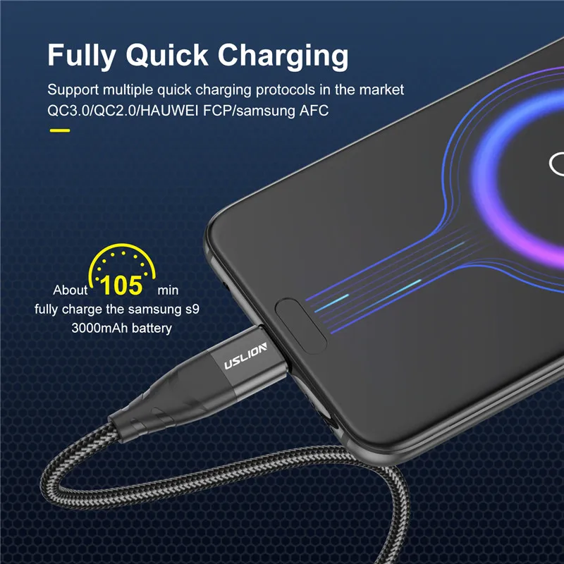 USLION USB Type C Cable Wire For Samsung S20 Xiaomi mi 11 Mobile Phone Fast Charging USB C Cable Type C Charger Micro USB Cables