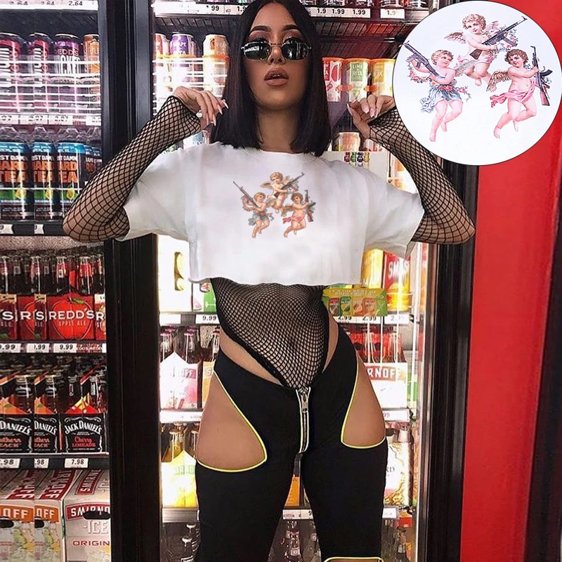 

Hirigin Women Angel Print Short Tee Casual Short Sleeve Loose T-Shirt Crop Tee Short Tops Summer T-shirt Streetwear