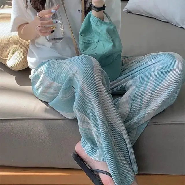 

2021 Summer New Fashion Tie-dye Wide-leg Pants Women's Loose Straight Thin Female Casual Design Trousers High Waist Slim Pants