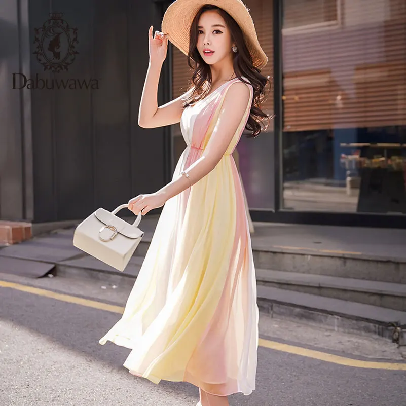 

Dubuwawa V-Neck Sleeveless Boho Maxi Dress Women Summer Ankle-Length Party Beach Holiday Swing Dresses D18BDR017