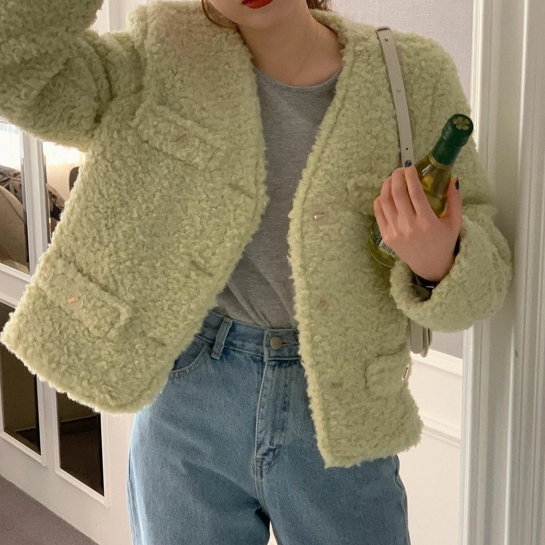 Корейский Chic осень зима теплый карман дизайн Белый Зеленая трава зерна пальто из