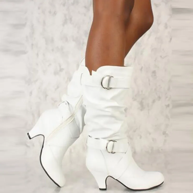 

SGESVIER 2019 Fashion Mid Calf Spike High Heels White Black Ridding Western Boots Street Goth Ladies Shoes Plus Size Womens Boot