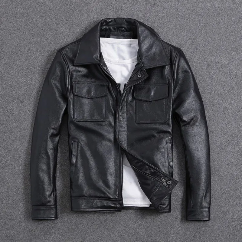 

Genuine Vintage 100% Leather Jacket Men Brand Business Casual Cowhide Slim Fit Short Coat Spring New Zipper Military Outerwear