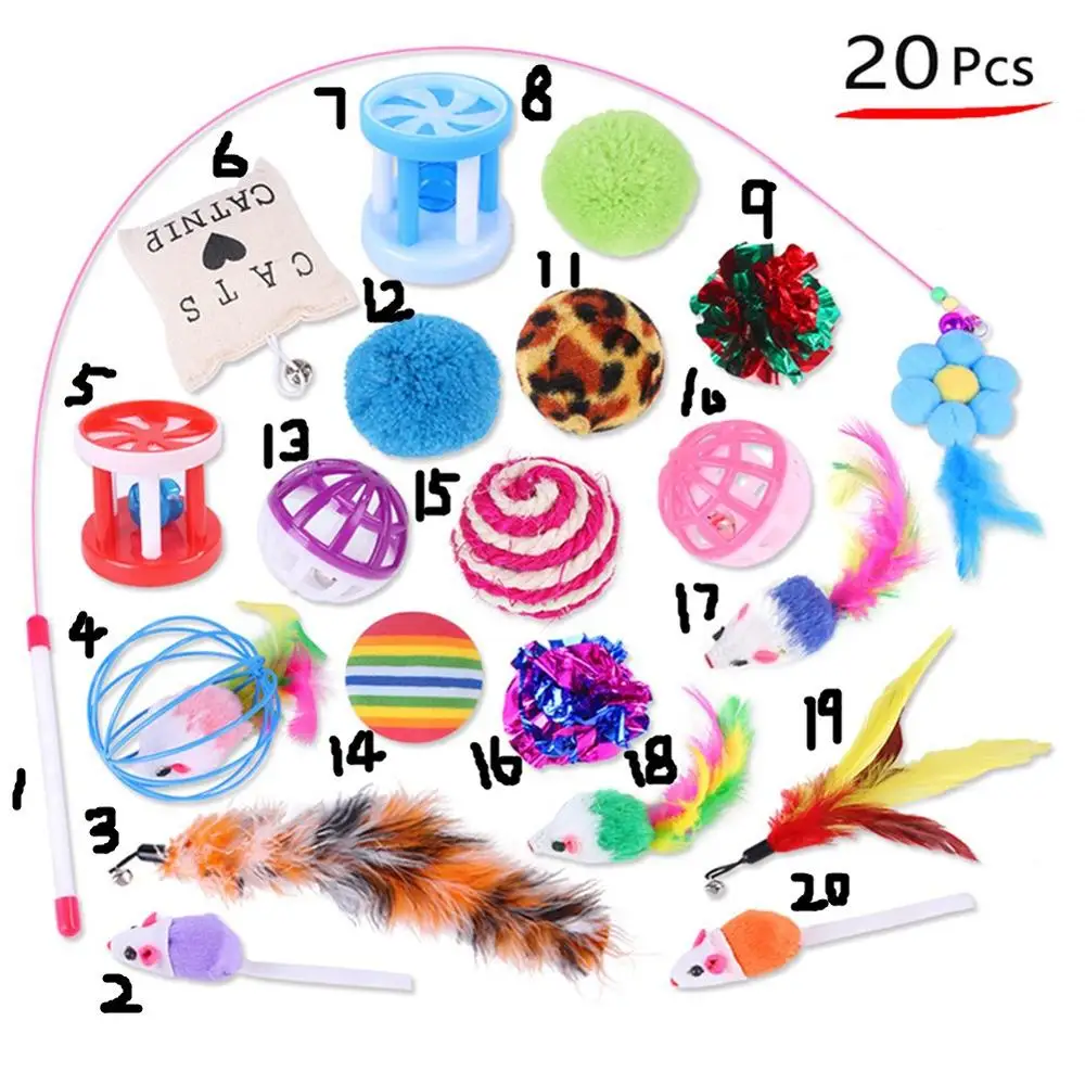 

Kitten Toys Variety Pack-Pet Cat Toy Combination Set Kitty Funny Cats Stick Sisal Mouse Bells Balls Cats Supplies 20 piece