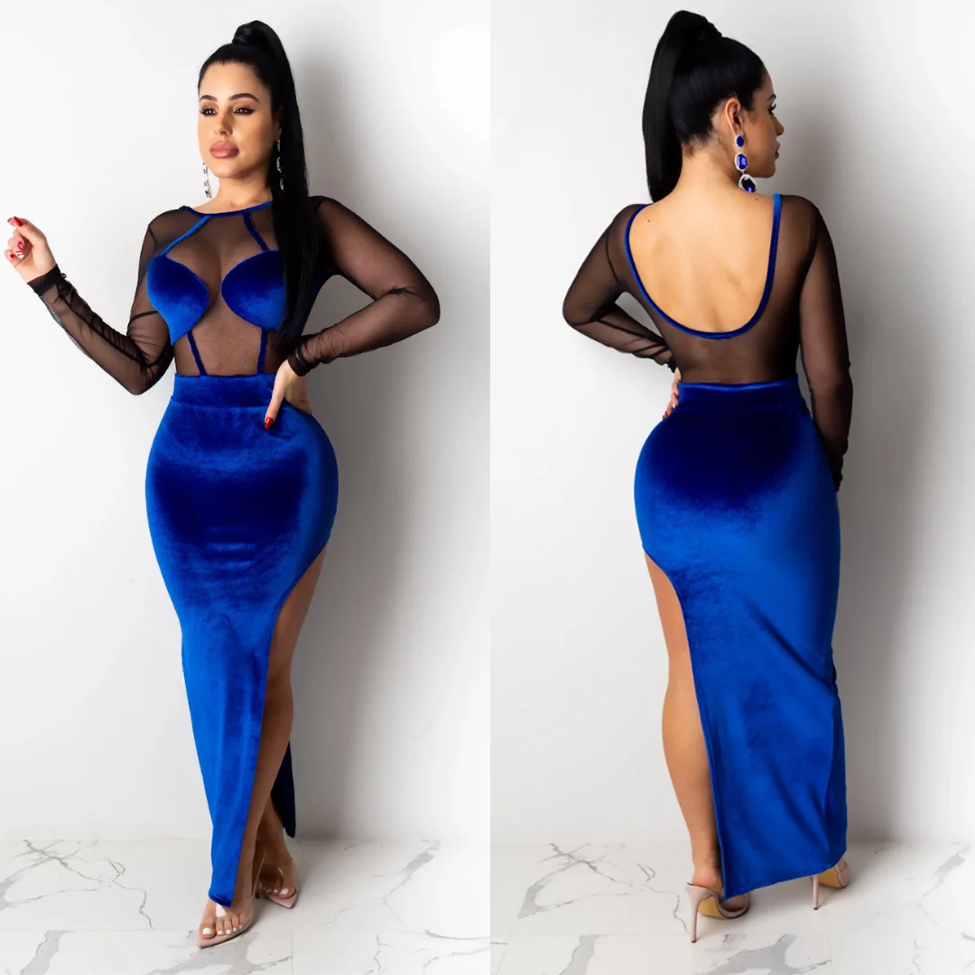 Women 2020 Spring Winter Long Maxi Dress Mesh Patchwork Full Sleeve Velvet Sexy Night Club Party Bandage Bodycon Dresses | Женская