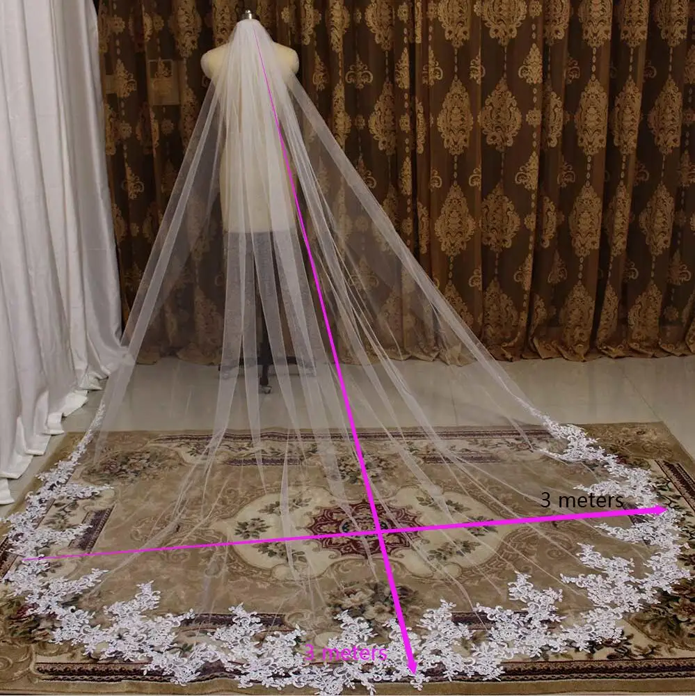 Высококачественная свадебная фата длиной 3 метра Кружевная аппликация вуаль