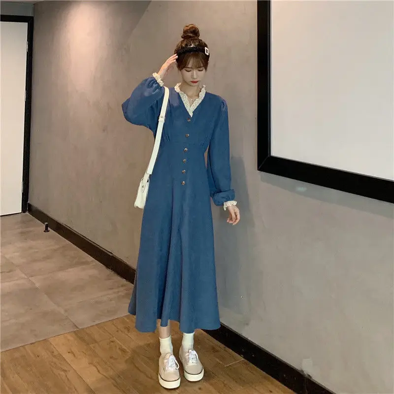 

Autumn Winter New Long Stitching Lace V-neck Long-Sleeve Dress Women's Clothing Dresses for Women Vestido De Mujer