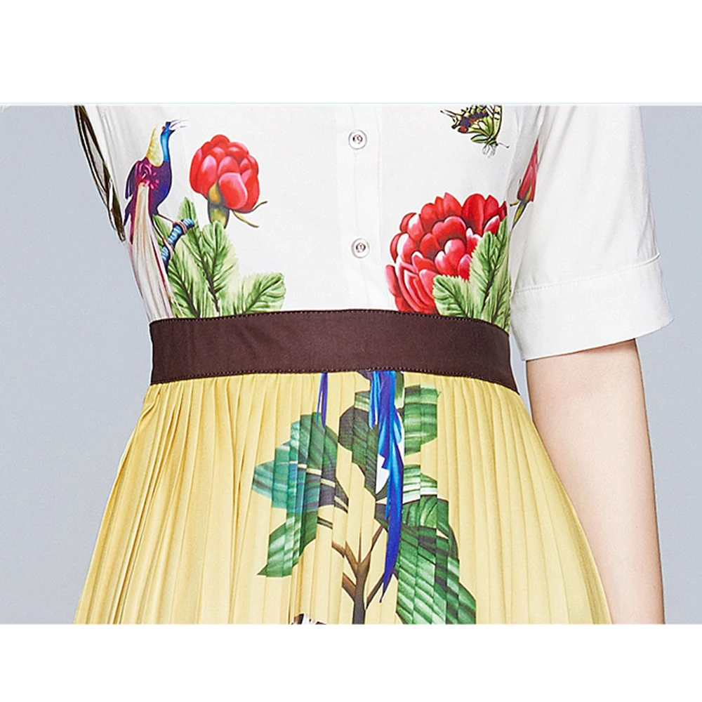 

Simgent Butterfly Dress Women Fashion Turn Down Collar Animal Flower Printing Pleated Dresses Woman Clothes Vestidos SG005301