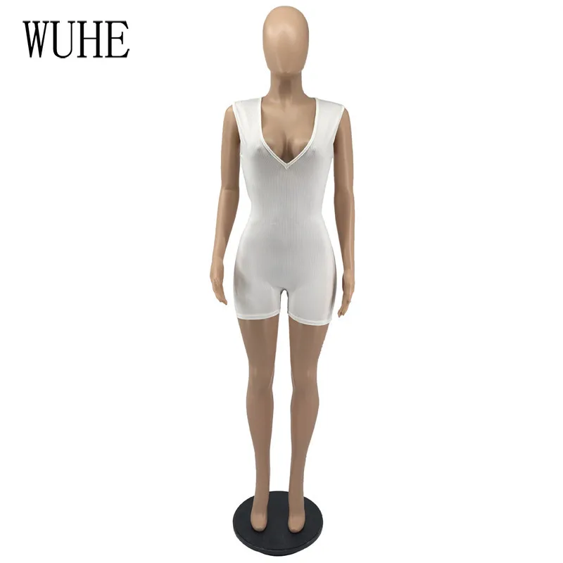 

WUHE Summer Black White Sleeveless Bodycon Rompers Womens Jumpsuit Sexy V Neck Skinny Club Party Elastic Knitted Playsuits
