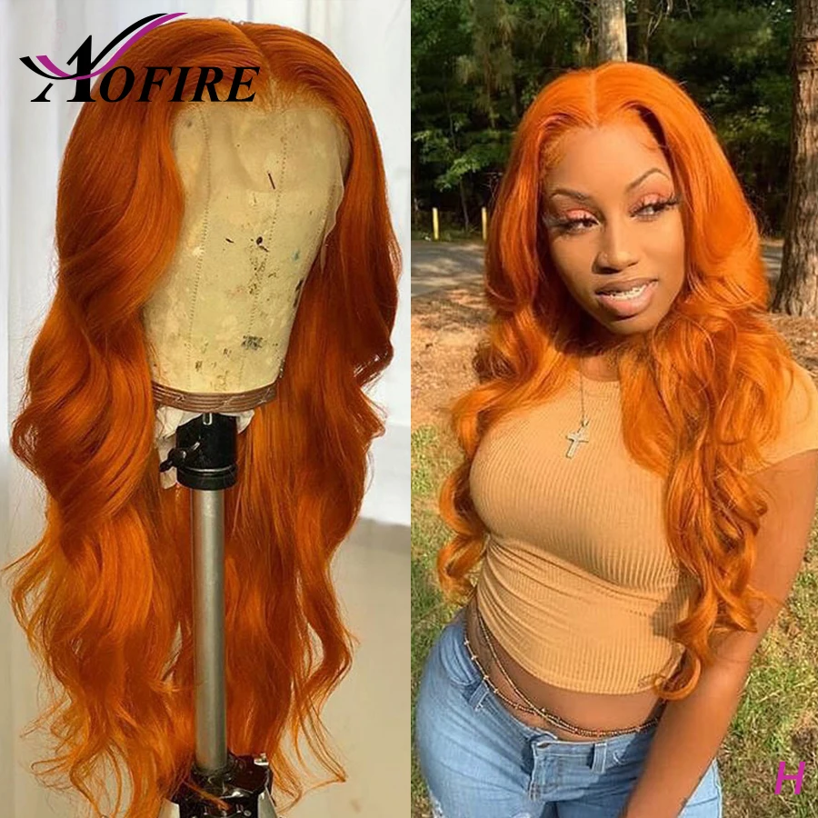13x6 парики из натуральных волос на кружеве для женщин объемная волна оранжевого