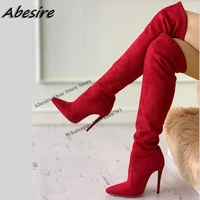 abesire red long boots suede thigh high thin high heel pointed toe over the knee solid new autumn winter big size women shoes