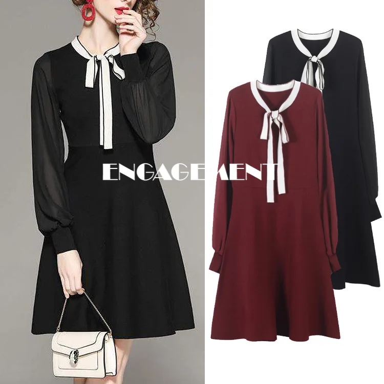 

ENGAGEMENT Autumn 2021 New Temperament Retro Lace Bow Stitching Skirt Waist A Long Dress