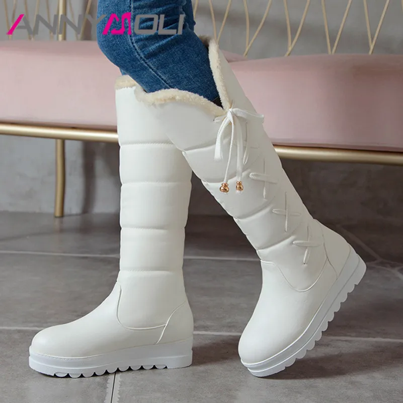 

ANNYMOLI Snow Boots Woman Flat Platform Knee High Boots Bow Round Toe Long Boots Ladies Shoes Winter Warm White Large Size 33-44