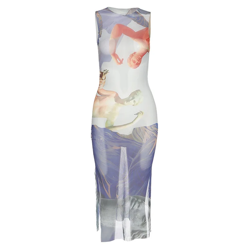 

Shestyle Mesh See Through Tank Dress Women Split Elastic Sleeveless Painting Print Long Sexy Stylish Blue Clothing Dresses