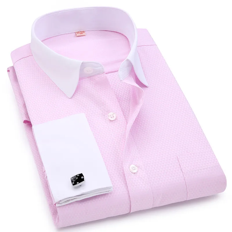 

Men French Cufflinks Shirts White Collar Design Solid Color Jacquard Fabric Male Gentleman Dress Long Sleeves Shirt