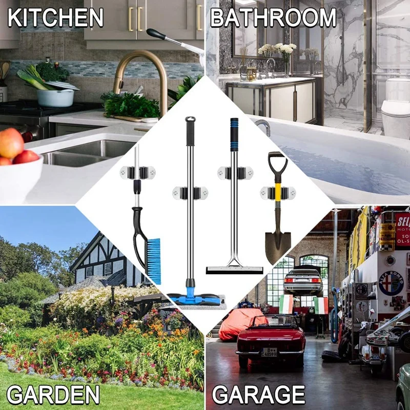 

4Pcs Mop and Broom Holder Wall Mount Heavy Duty Stainless Steel Broom Holder Broom Organizer Garden Garage Storage Rack