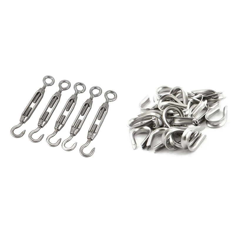 

Hot SV-25 Pcs 4Mm Wire Rope Cable Thimbles Silver & 5 Pcs Hook Eye Turnbuckle Wire Rope Tension