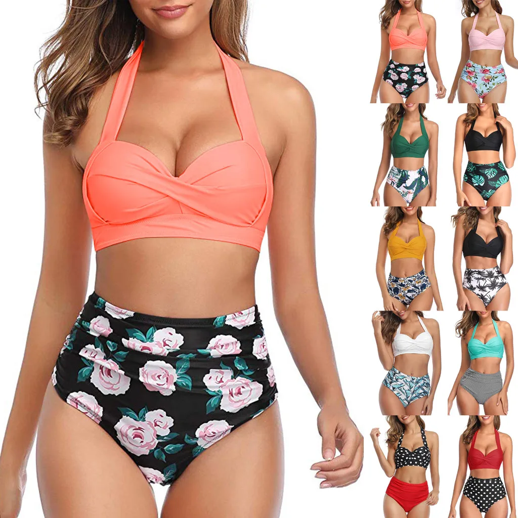 

Swimsuit Women Halter High Waist Split Bikini Set Vintage Swimwear Two Piece Strap Printed Beach Bathing Suit