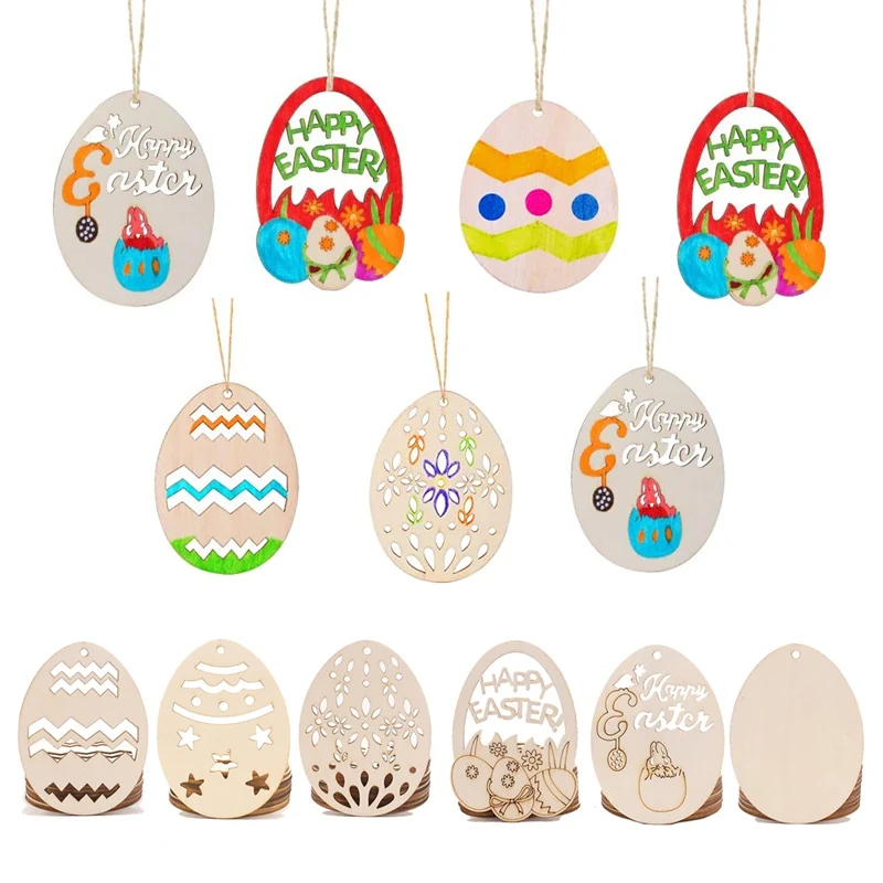 

10pcs DIY Happy Easter Wooden Egg Pendants Unpainted Crafts Hanging Ornament With String For Home Handmade Decoration Kids Gift