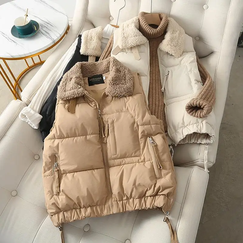 

Женский жилет без рукавов, Повседневный хлопковый жилет в Корейском стиле с карманами, однотонный теплый Свободный жилет, новинка зимы 2021, ...