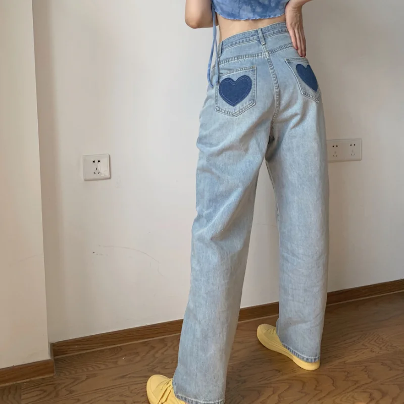

High Street Fashion Washed Jeans Women Chic Love Heart High Waist Wide-leg Pants Spring Summer Casual Female Straight Jeans