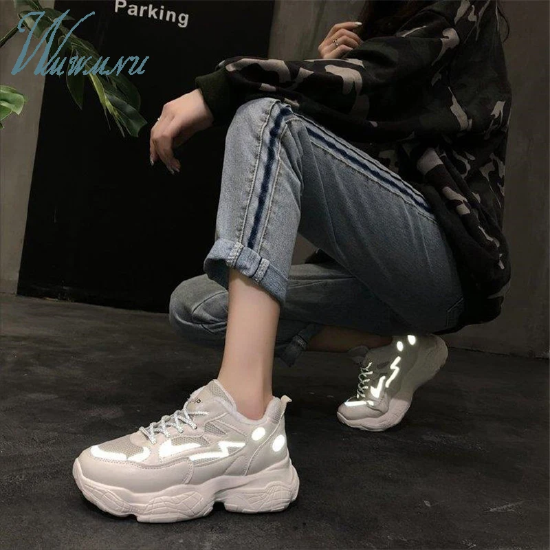 Женские Светоотражающие кроссовки Ulzzang Обувь для папы Белые зимние теплые