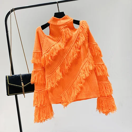 orange red Neploe Pull Femme осень зима топ с кисточками Джемперы женский свитер с длинным рукавом без бретелек Холтер вязаный пуловер 54614 - Цвет: orange red