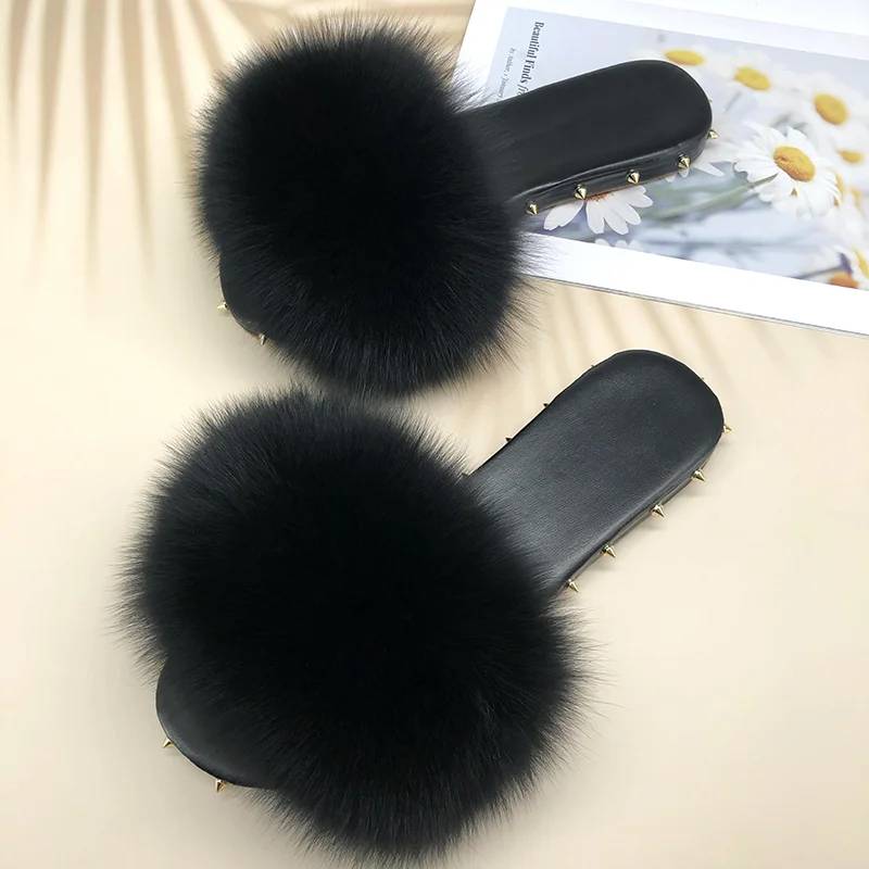 Шлепанцы Женские Летние С Натуральным Лисьим Мехом шлепанцы Заклепками женская