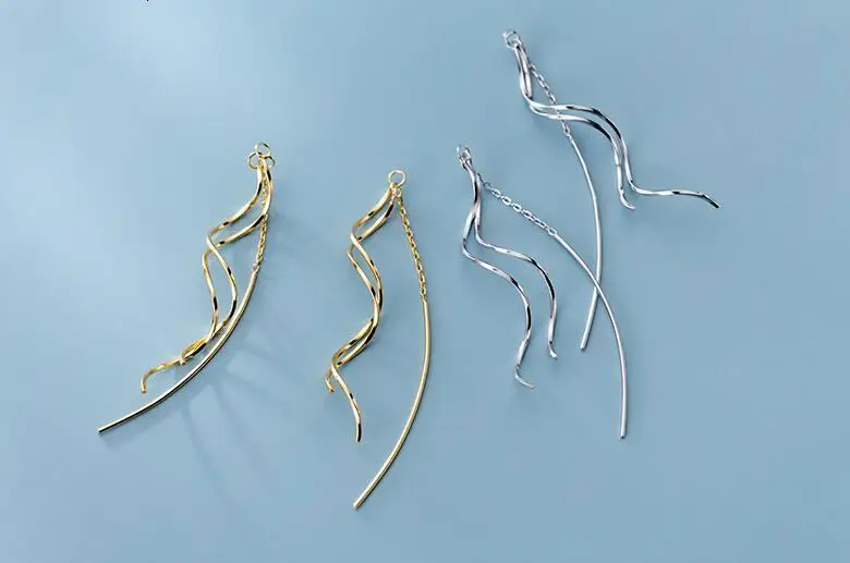 

Real. 1pair 925 Sterling Silver jewelry white/ golds Wave dangle Earrings tassel long GTLE2804